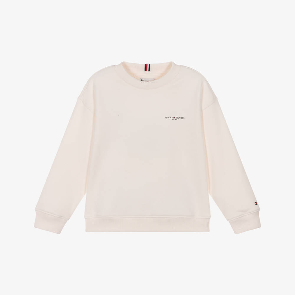 Tommy Hilfiger-Ivory Cotton Sweatshirt with Mini Logo  | Childrensalon