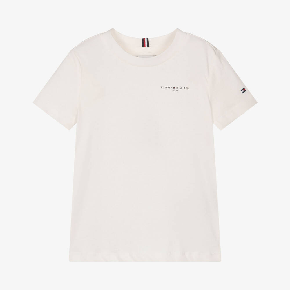 Tommy Hilfiger-Ivory Cotton T-Shirt with Mini Logo | Childrensalon