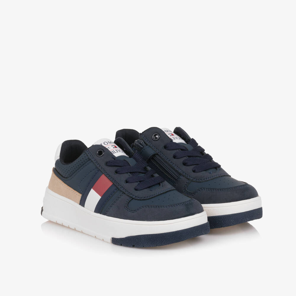Tommy Hilfiger-Navy Blue & Beige Faux Leather & Suede Trainers | Childrensalon