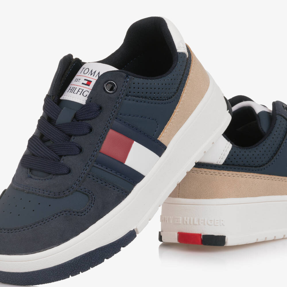 Tommy Hilfiger-Navy Blue & Beige Faux Leather & Suede Trainers | Childrensalon