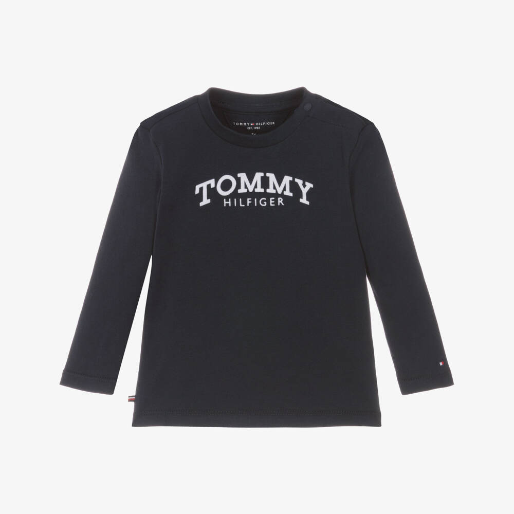 Tommy Hilfiger-Navy Blue Cotton Baby Top with Flocked Monotype Logo  | Childrensalon