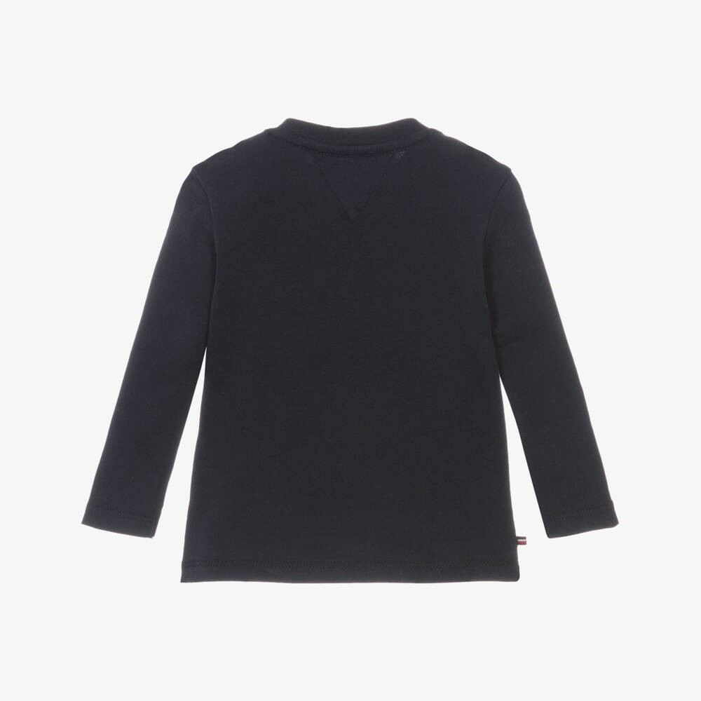 Tommy Hilfiger-Navy Blue Cotton Baby Top with Flocked Monotype Logo  | Childrensalon