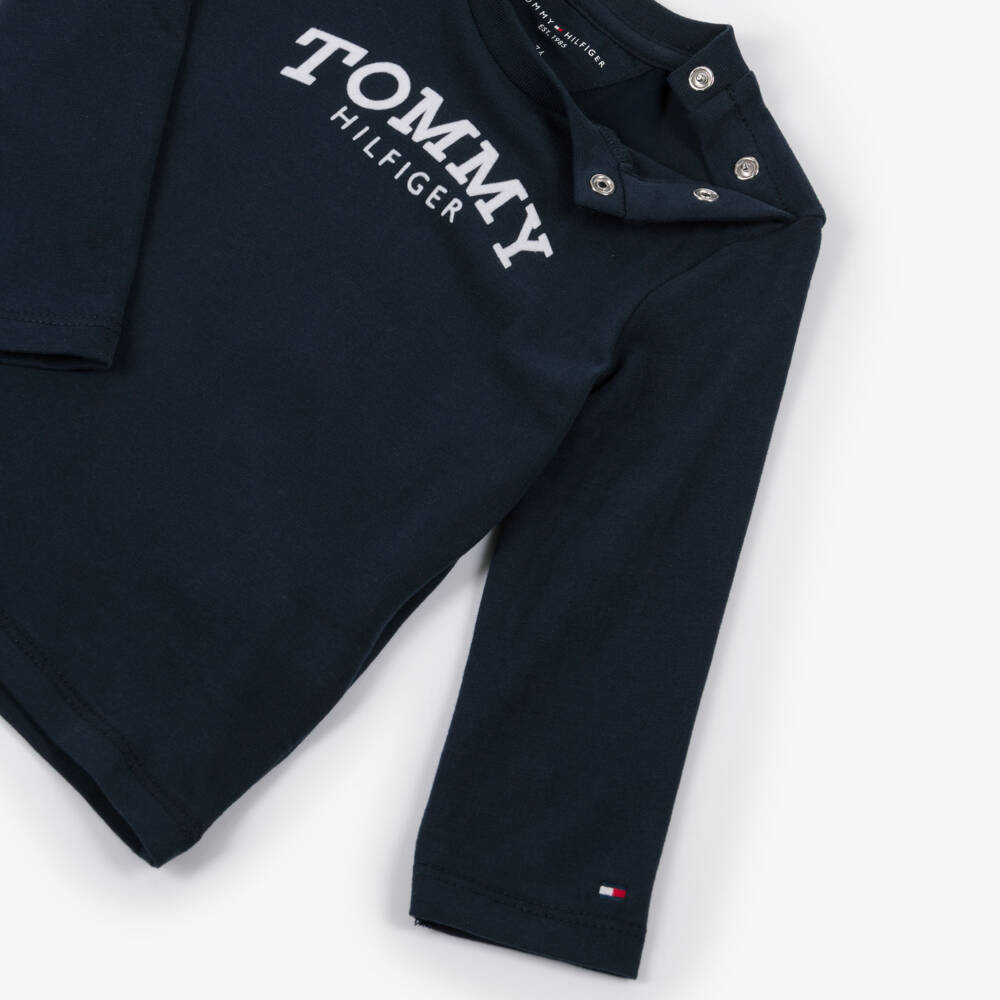 Tommy Hilfiger-Navy Blue Cotton Baby Top with Flocked Monotype Logo  | Childrensalon