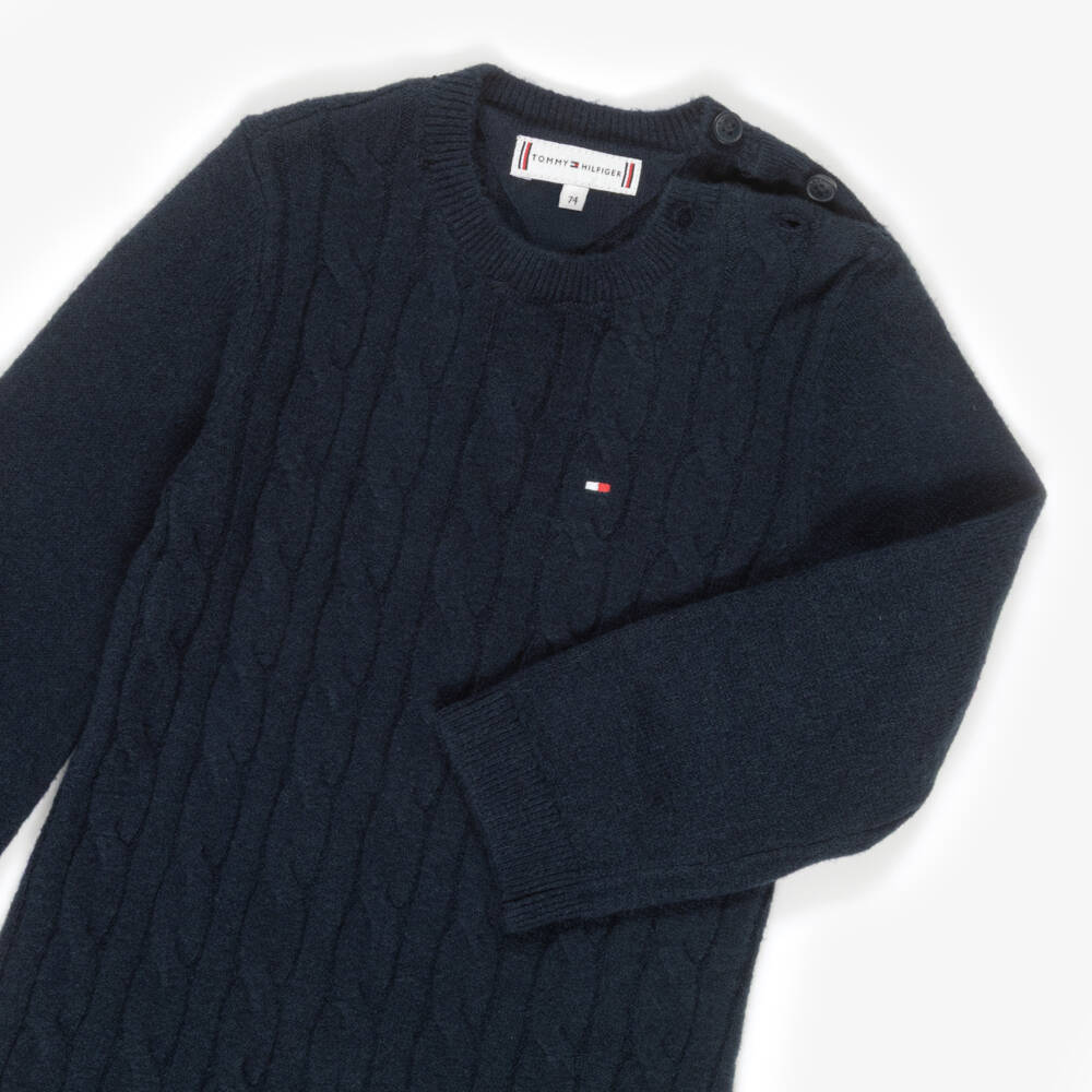 Tommy Hilfiger-Navy Blue Cotton Cable Knit Babygrow | Childrensalon