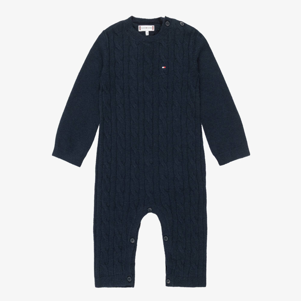 Tommy Hilfiger-Navy Blue Cotton Cable Knit Babygrow | Childrensalon
