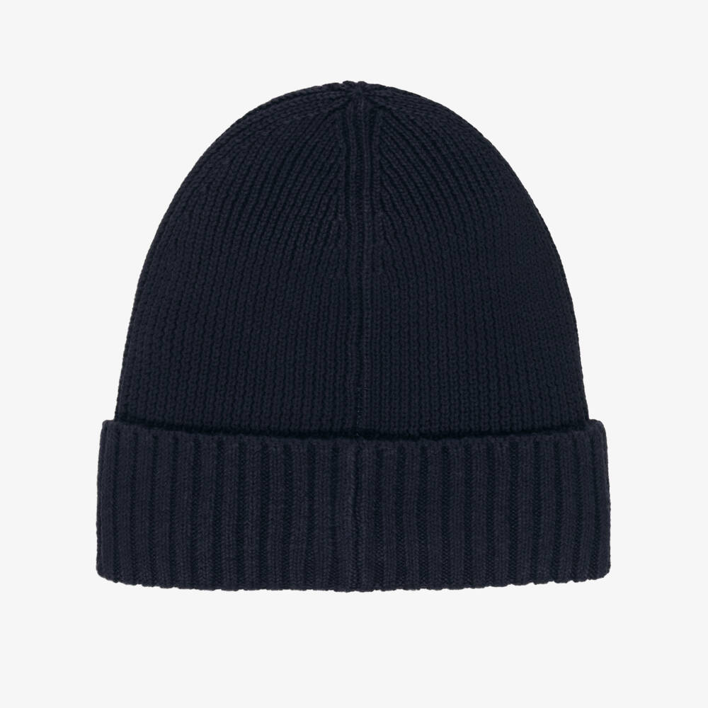 Tommy Hilfiger-Navy Blue Cotton Knit Beanie Hat with Flag Logo | Childrensalon