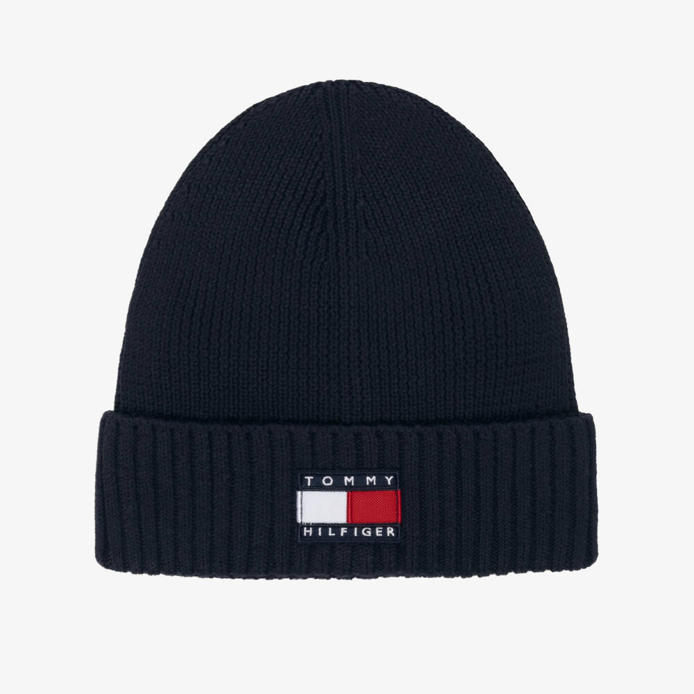Tommy Hilfiger-Navy Blue Cotton Knit Beanie Hat with Flag Logo | Childrensalon