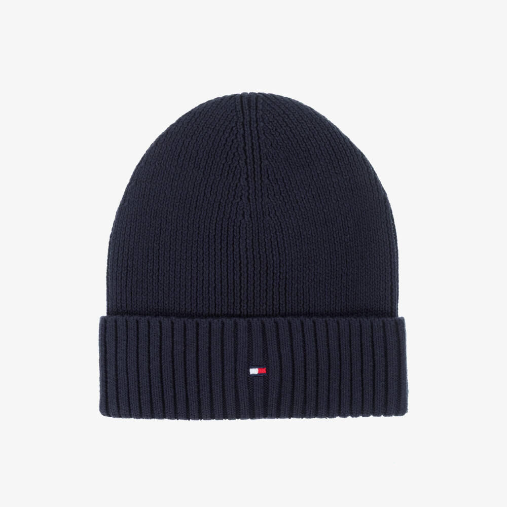 Tommy Hilfiger-Navy Blue Cotton Knit Flag Logo Beanie | Childrensalon