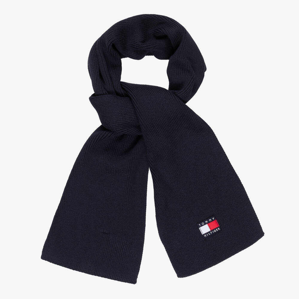 Tommy Hilfiger-Navy Blue Cotton Knit Scarf with Flag Logo | Childrensalon