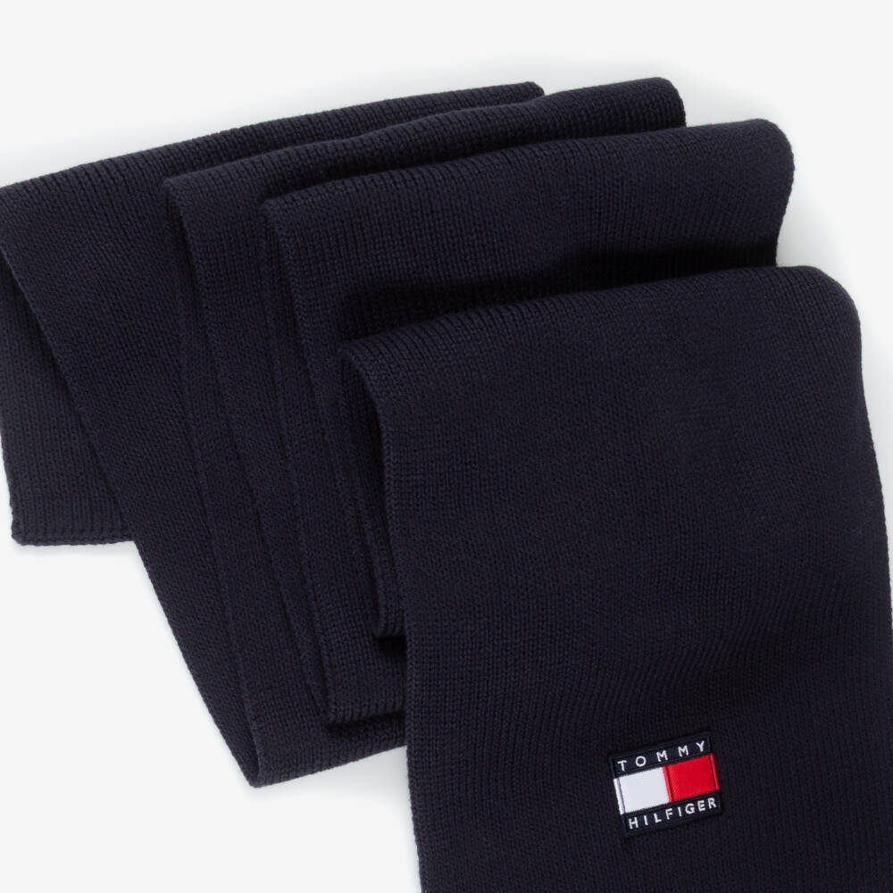 Tommy Hilfiger-Navy Blue Cotton Knit Scarf with Flag Logo | Childrensalon