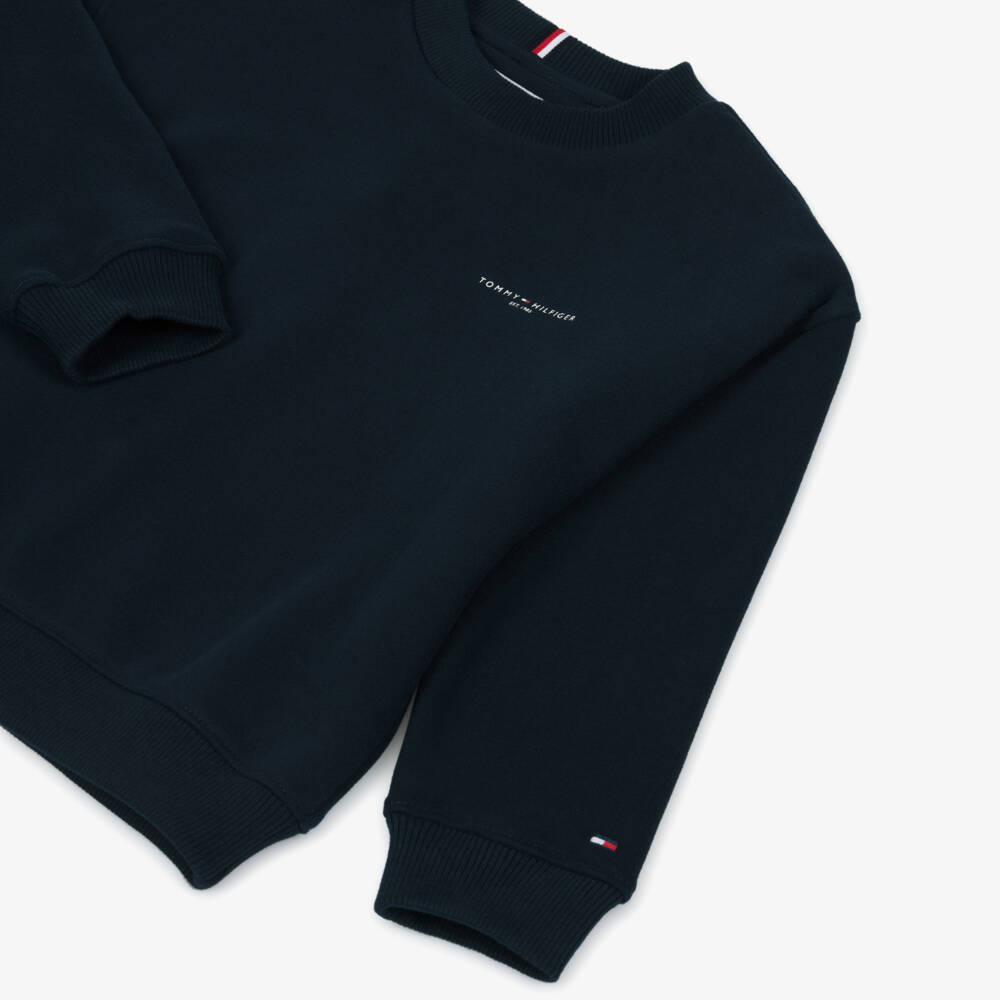 Tommy Hilfiger-Navy Blue Cotton Sweatshirt with Mini Logo | Childrensalon