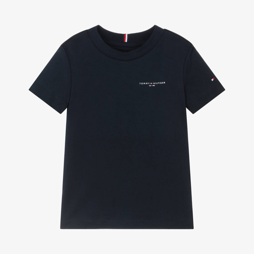 Tommy Hilfiger-Navy Blue Cotton T-Shirt with Mini Logo | Childrensalon