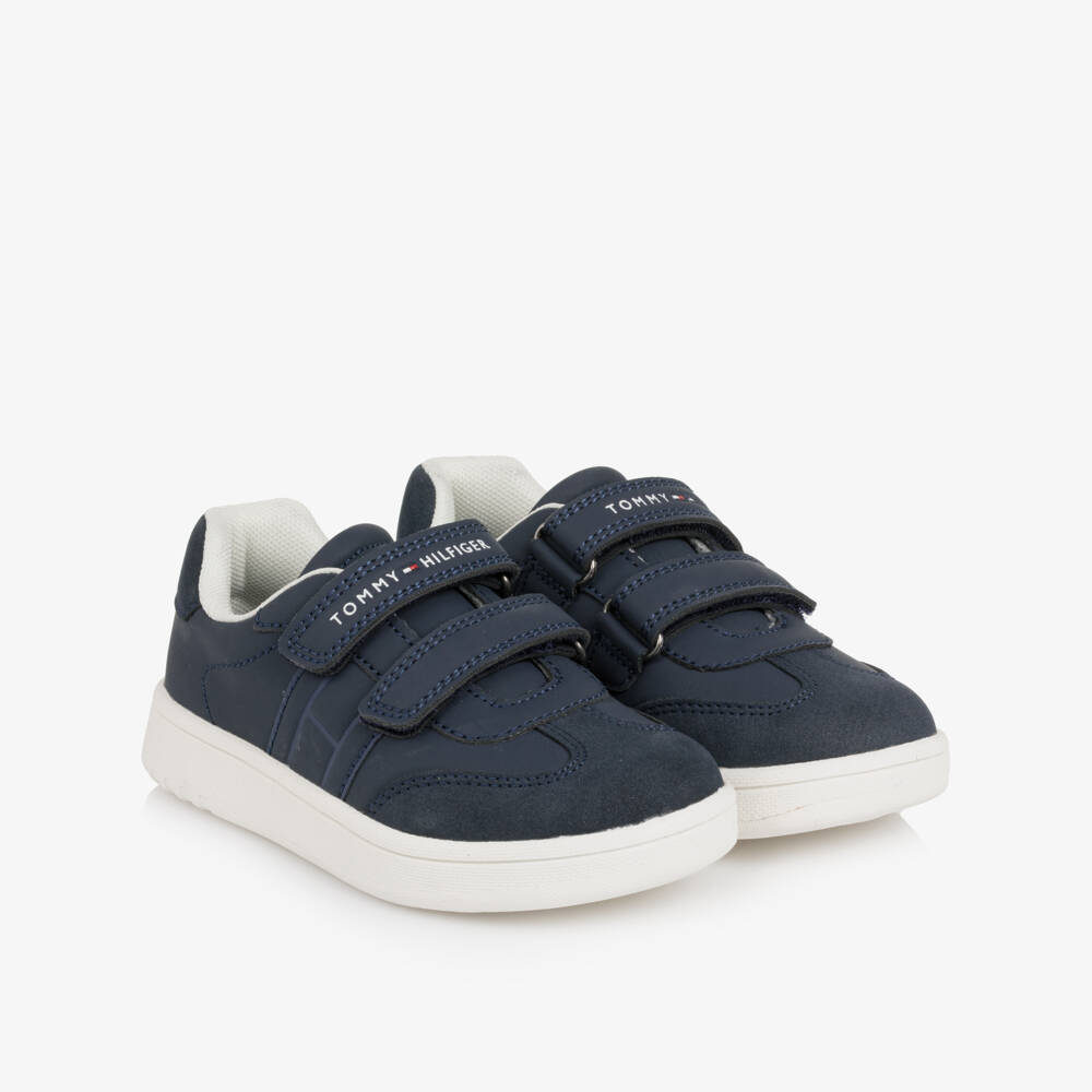 Tommy Hilfiger-Navy Blue Faux Leather Velcro Trainers | Childrensalon
