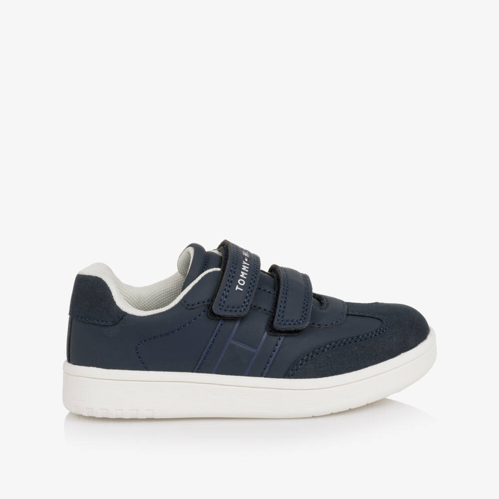 Tommy Hilfiger-Navy Blue Faux Leather Velcro Trainers | Childrensalon