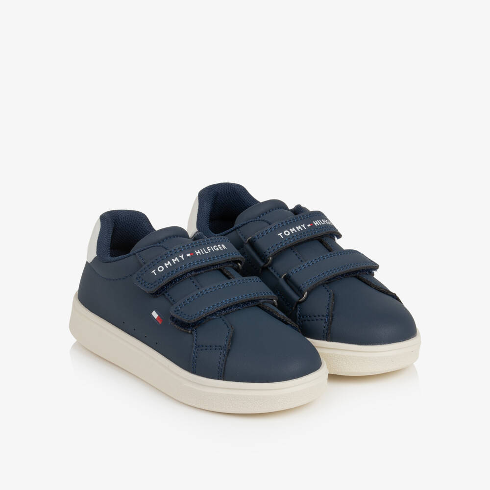 Tommy Hilfiger-Navy Blue Faux Leather Velcro Trainers | Childrensalon