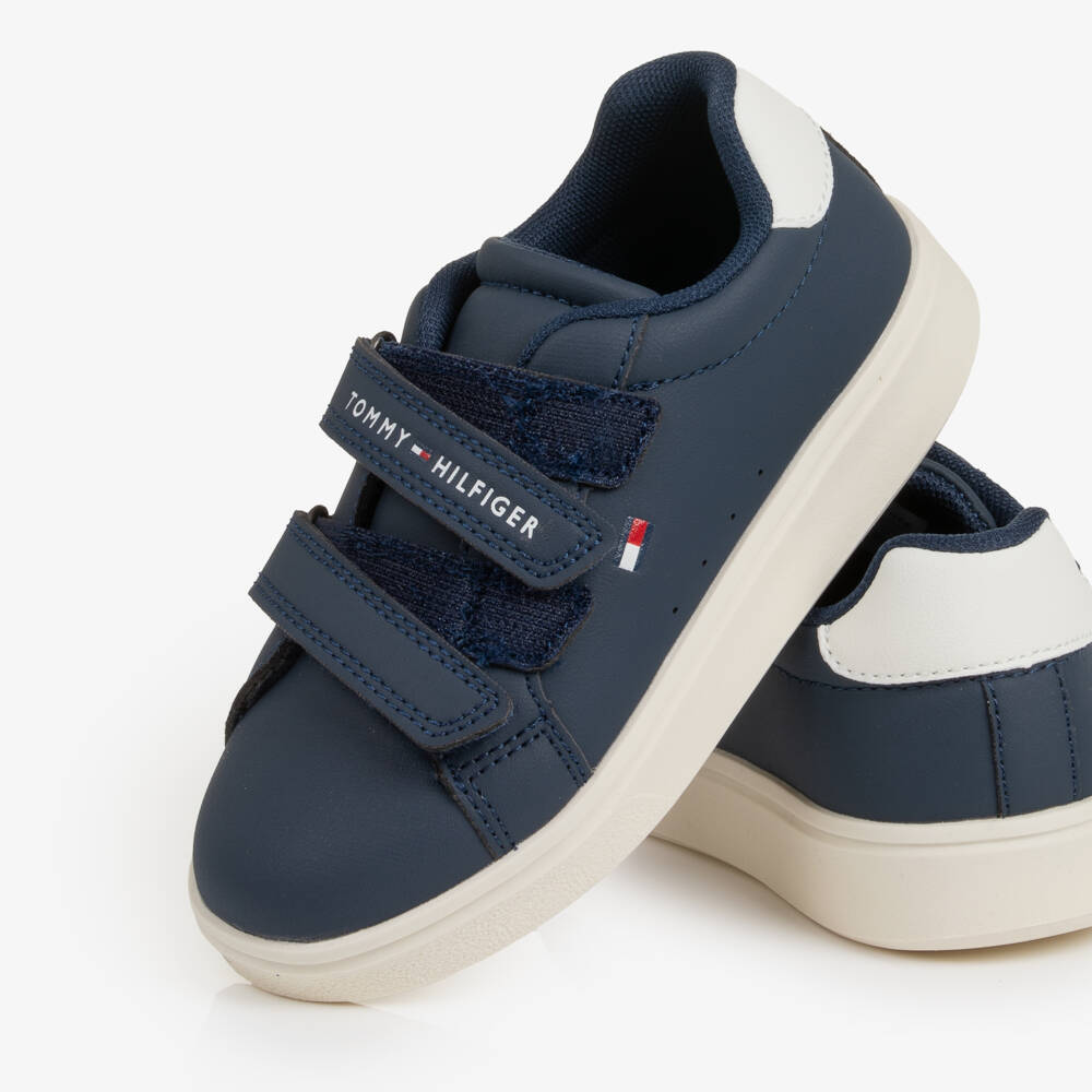 Tommy Hilfiger-Navy Blue Faux Leather Velcro Trainers | Childrensalon