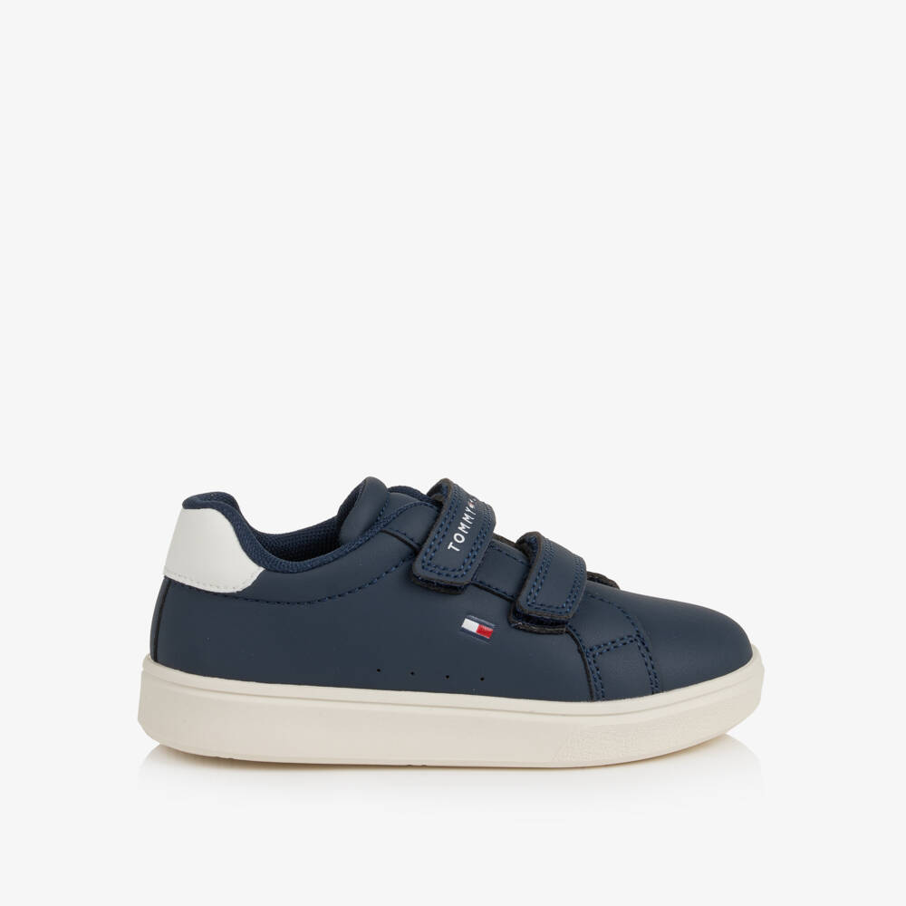 Tommy Hilfiger-Navy Blue Faux Leather Velcro Trainers | Childrensalon