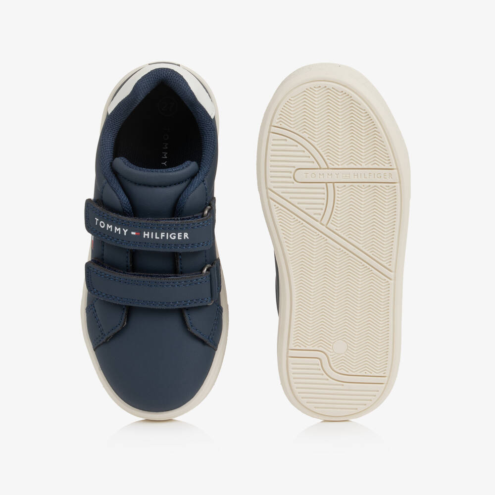 Tommy Hilfiger-Navy Blue Faux Leather Velcro Trainers | Childrensalon