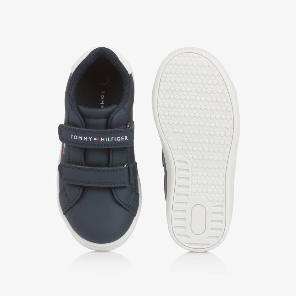 Tommy Hilfiger-Navy Blue Faux Leather Velcro Trainers with White Trim | Childrensalon