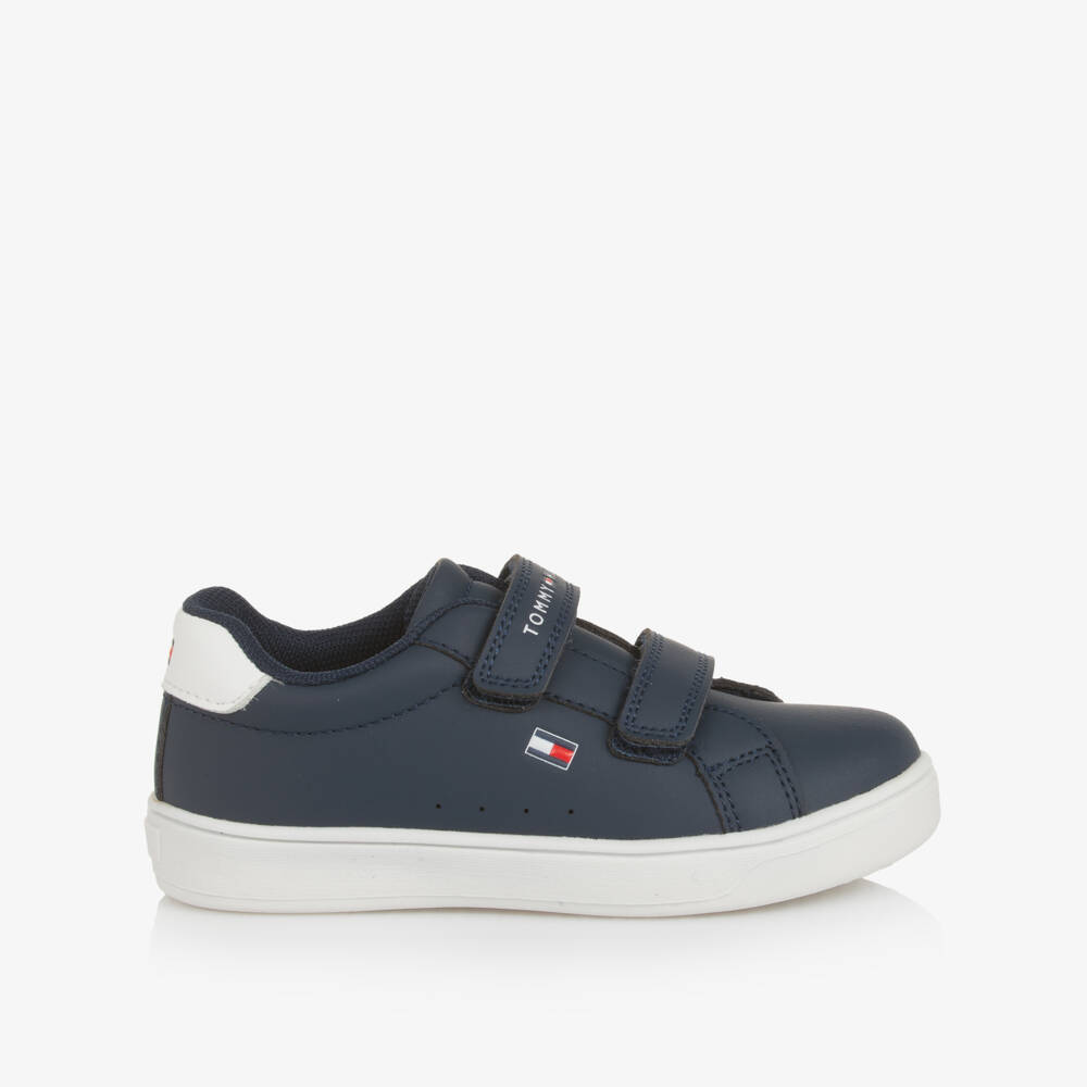 Tommy Hilfiger-Navy Blue Faux Leather Velcro Trainers with White Trim | Childrensalon