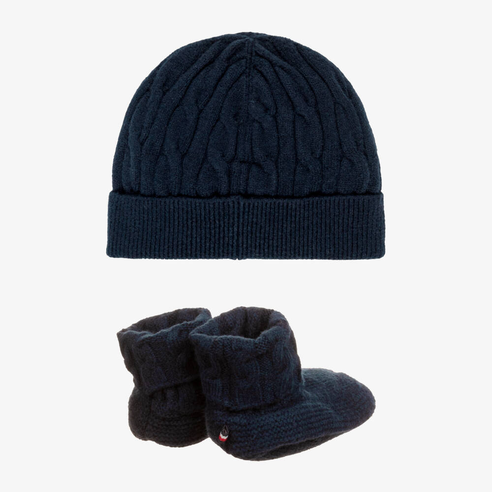 Tommy Hilfiger-Navy Blue Knitted Baby Beanie Hat & Booties Set | Childrensalon