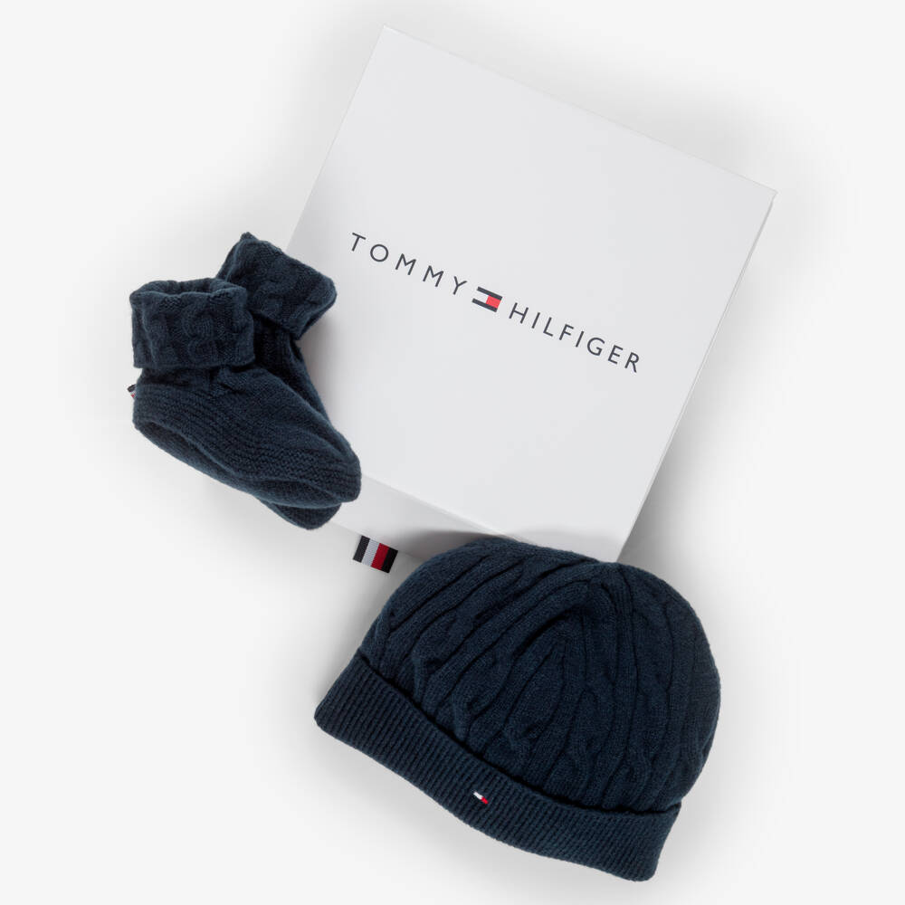 Tommy Hilfiger-Navy Blue Knitted Baby Beanie Hat & Booties Set | Childrensalon