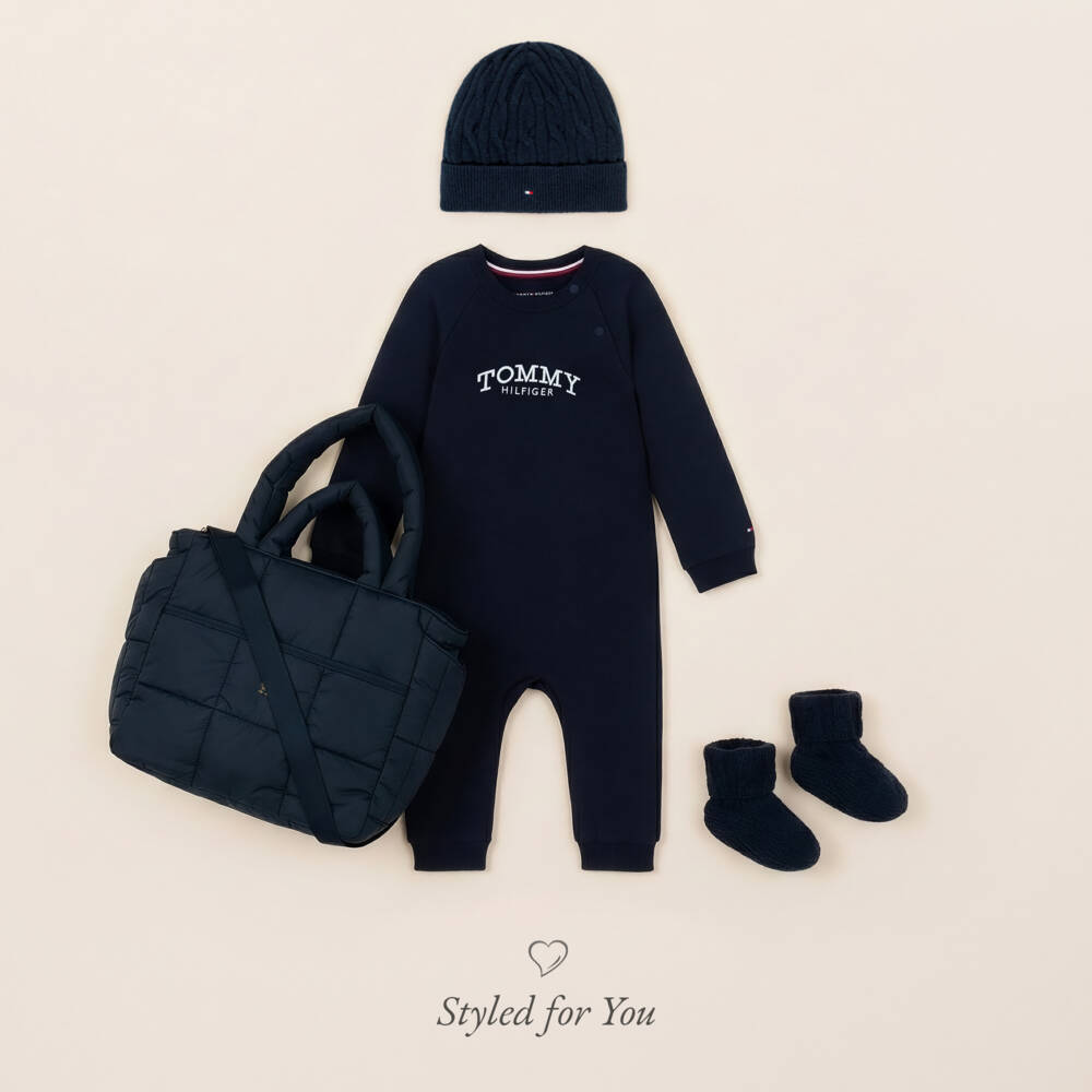 Tommy Hilfiger-Комплект синий вязаный из шапочки бини и пинеток для малышей | Childrensalon