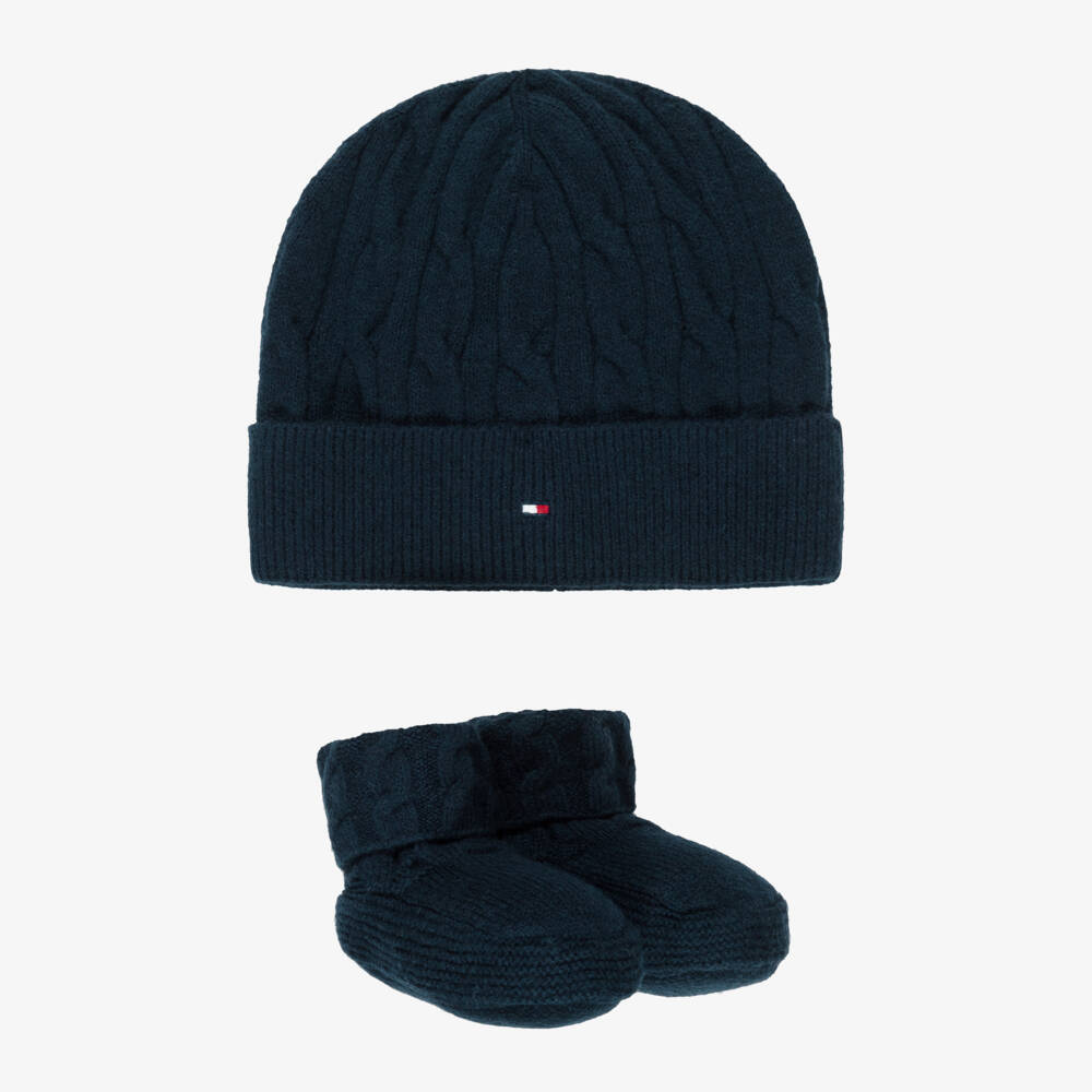 Tommy Hilfiger-Комплект синий вязаный из шапочки бини и пинеток для малышей | Childrensalon