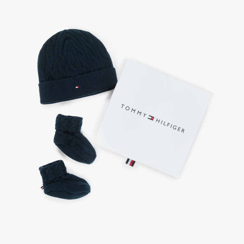 Tommy Hilfiger-Комплект синий вязаный из шапочки бини и пинеток для малышей | Childrensalon