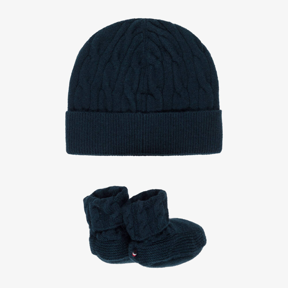 Tommy Hilfiger-Комплект синий вязаный из шапочки бини и пинеток для малышей | Childrensalon