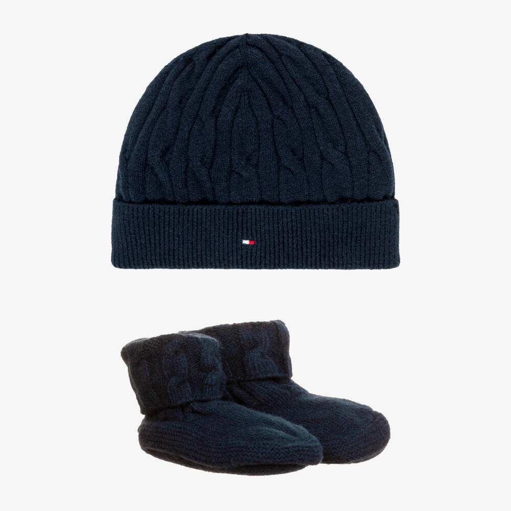 Tommy Hilfiger-Navy Blue Knitted Baby Beanie Hat & Booties Set | Childrensalon
