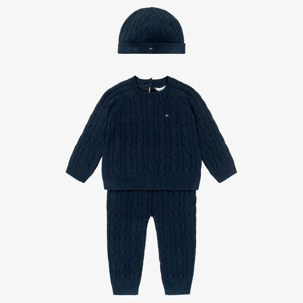 Tommy Hilfiger-Navy Blue Knitted Baby Trouser Set | Childrensalon