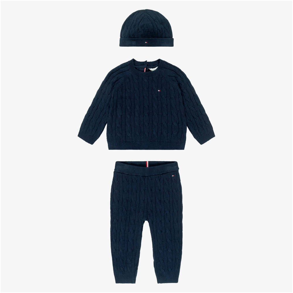 Tommy Hilfiger-Navy Blue Knitted Baby Trouser Set | Childrensalon