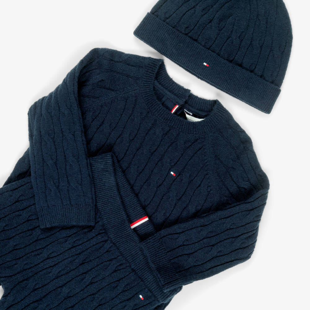 Tommy Hilfiger-Navy Blue Knitted Baby Trouser Set | Childrensalon