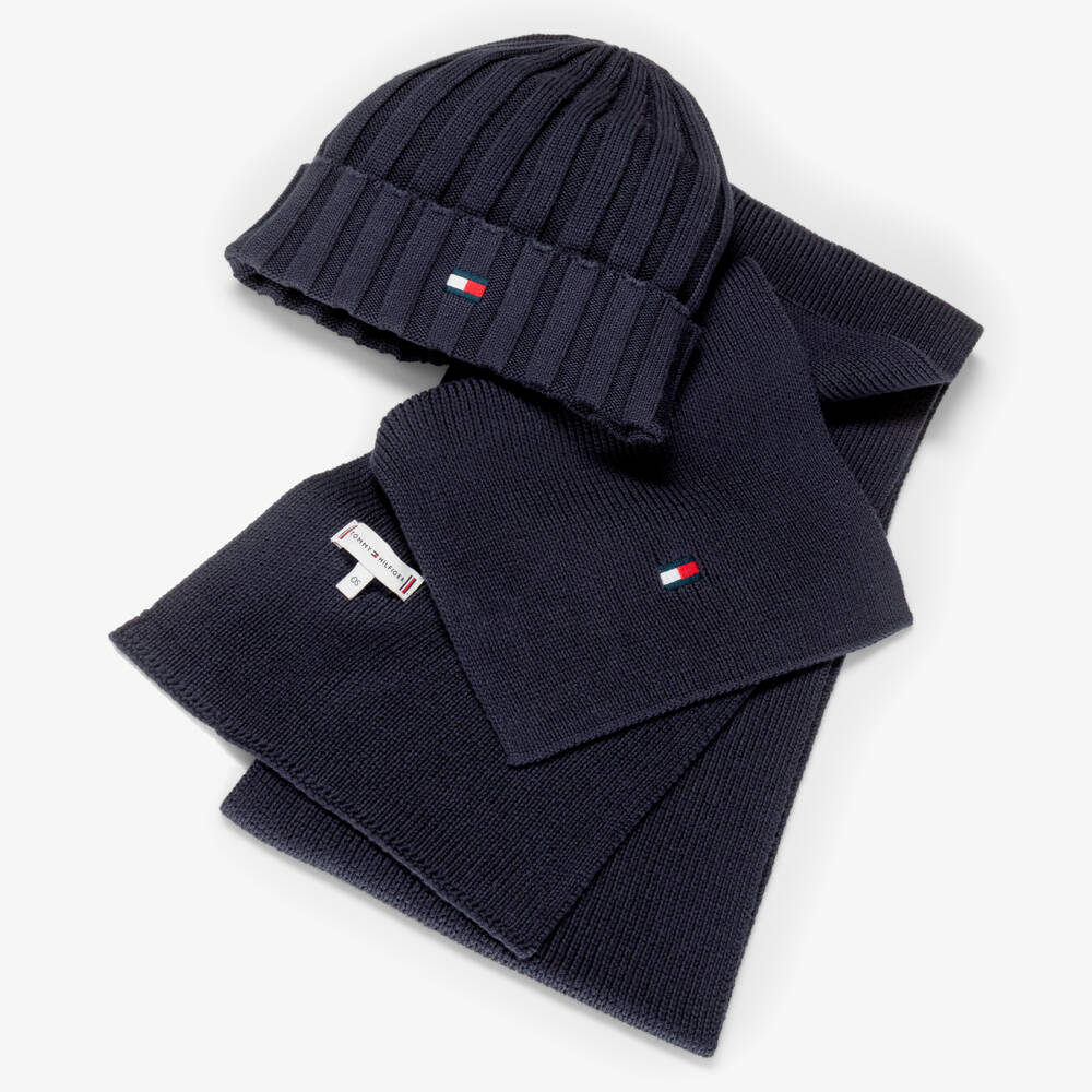 Tommy Hilfiger-Navy Blue Knitted Cotton Bean Hat & Scarf Set | Childrensalon