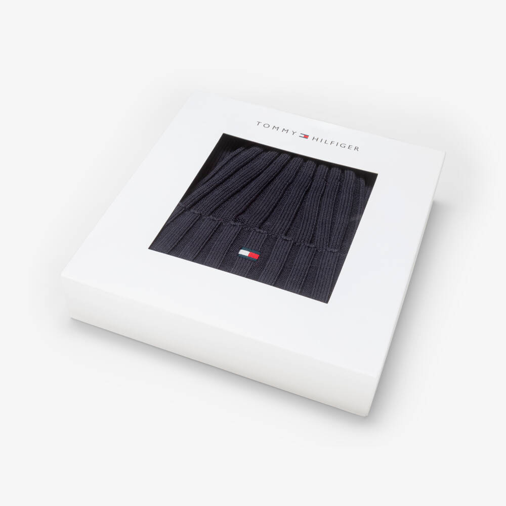 Tommy Hilfiger-Navy Blue Knitted Cotton Bean Hat & Scarf Set | Childrensalon