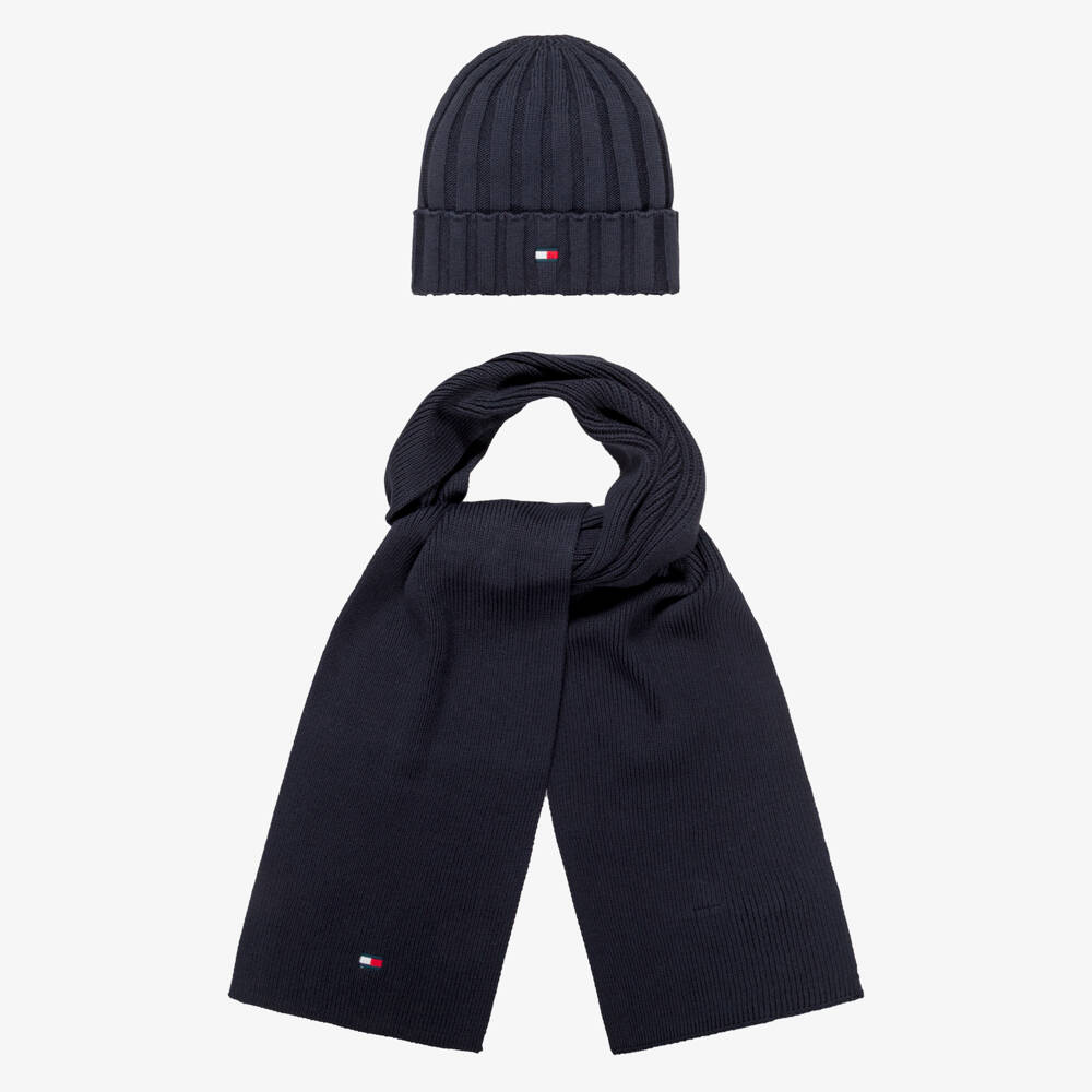 Tommy Hilfiger-Navy Blue Knitted Cotton Bean Hat & Scarf Set | Childrensalon