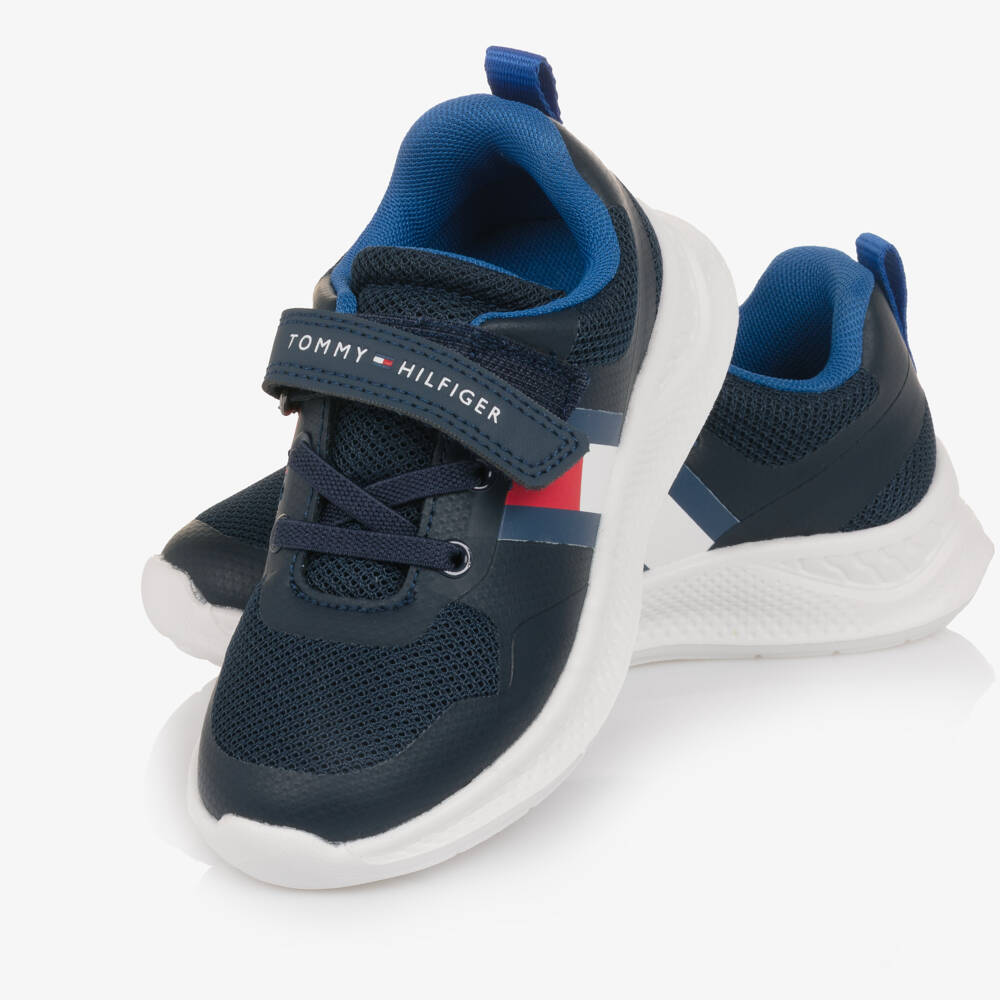 Tommy Hilfiger-Navy Blue Mesh Velcro Trainers with Flag Logo | Childrensalon