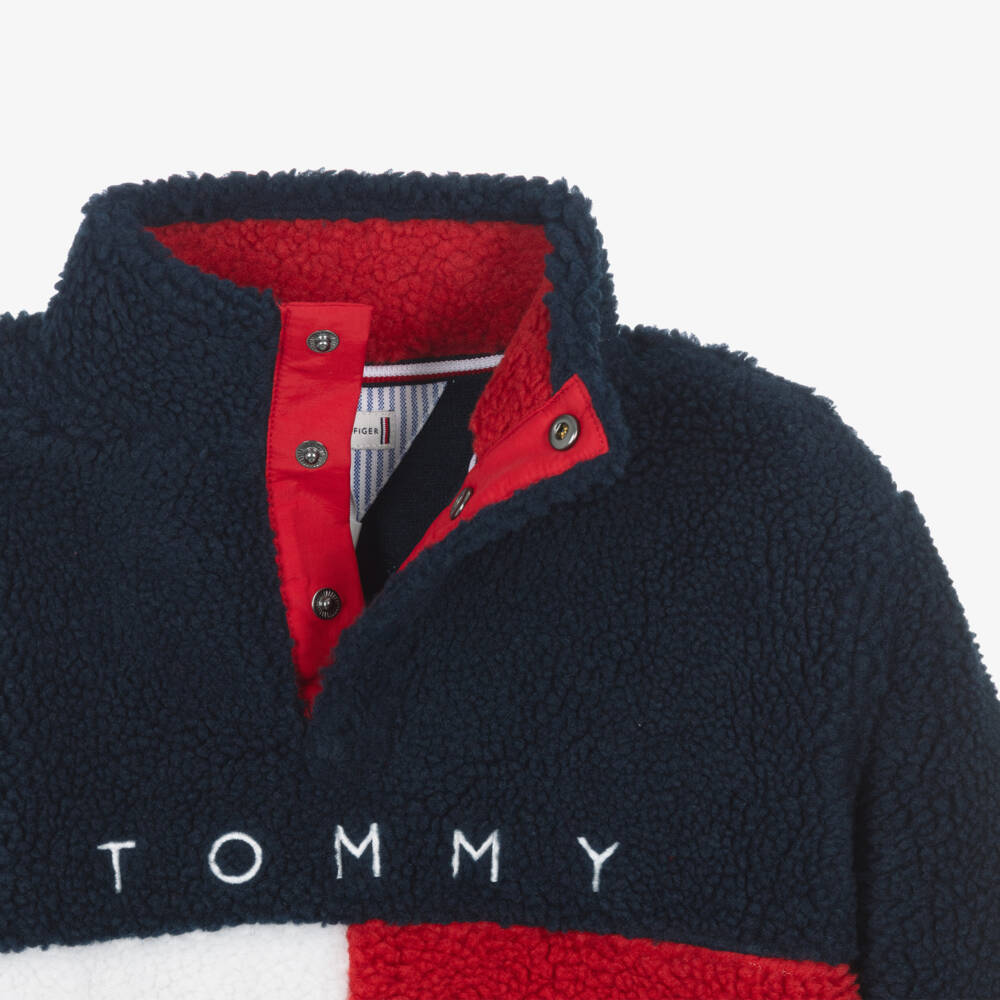 Tommy Hilfiger-Navy Blue Sherpa Fleece Sweatshirt with Heritage Flag Logo | Childrensalon