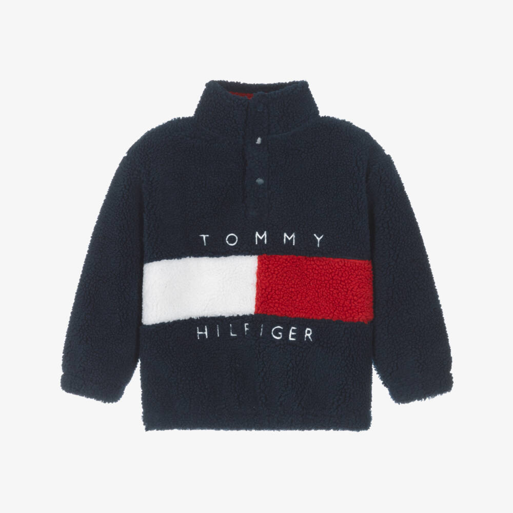 Tommy Hilfiger-Navy Blue Sherpa Fleece Sweatshirt with Heritage Flag Logo | Childrensalon