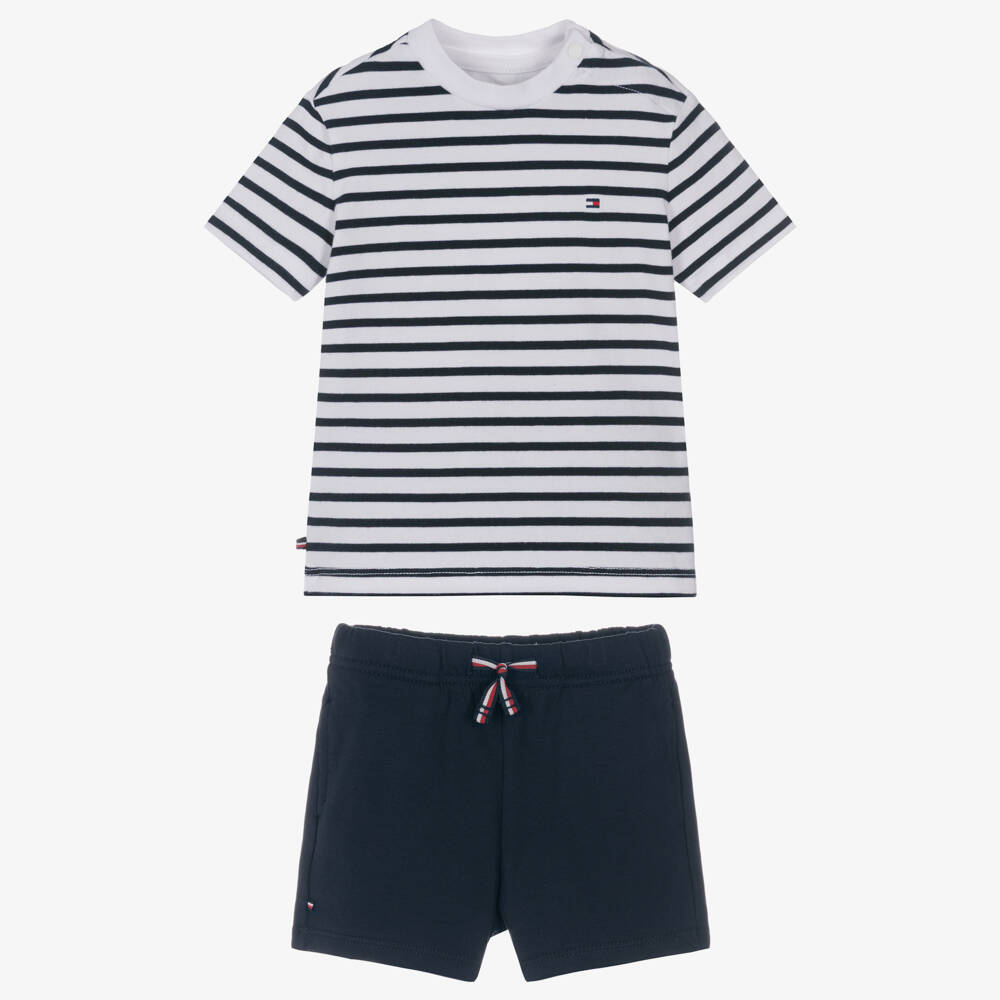 Tommy Hilfiger-Navy Blue Stripe Cotton Jersey Baby Shorts Set | Childrensalon