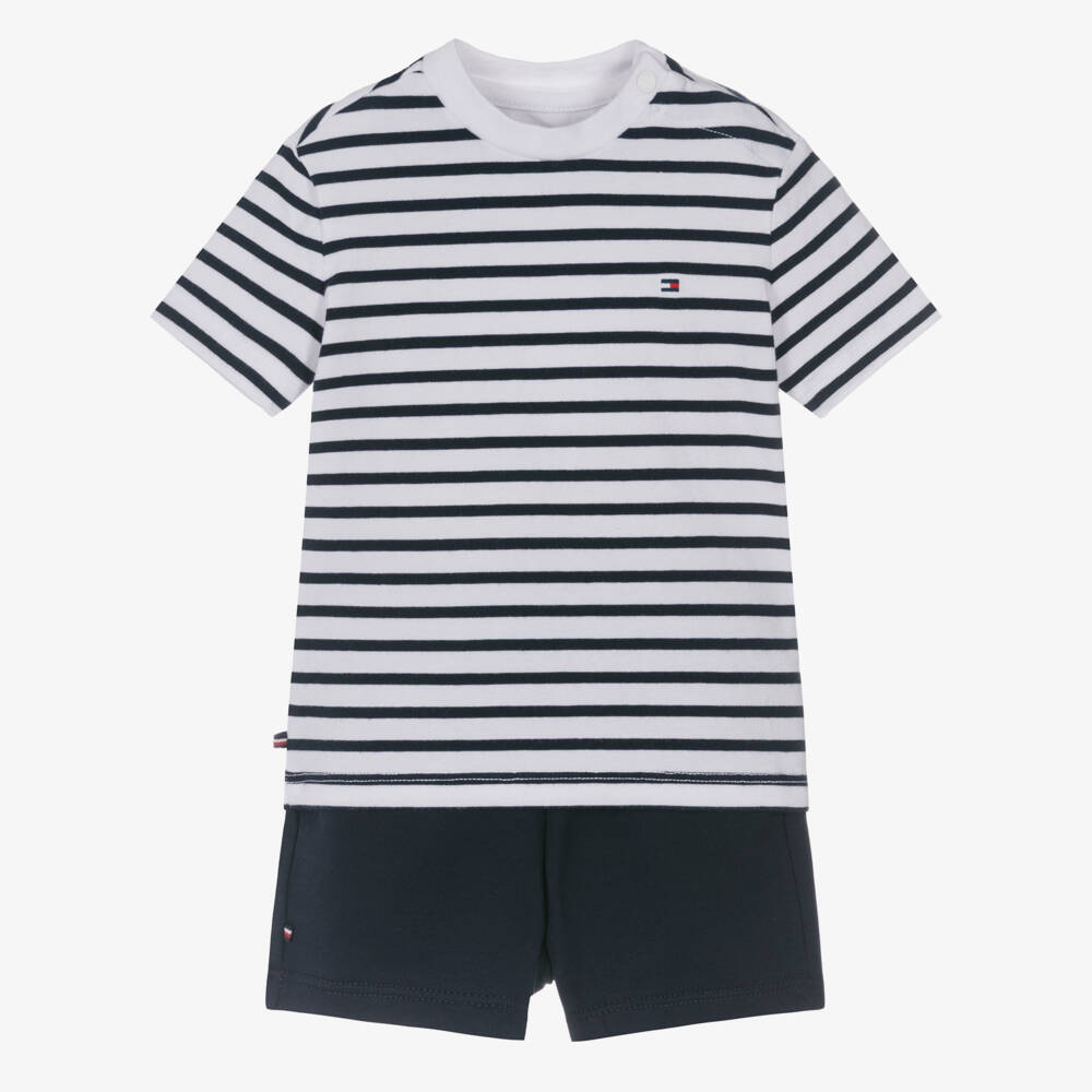 Tommy Hilfiger-Navy Blue Stripe Cotton Jersey Baby Shorts Set | Childrensalon