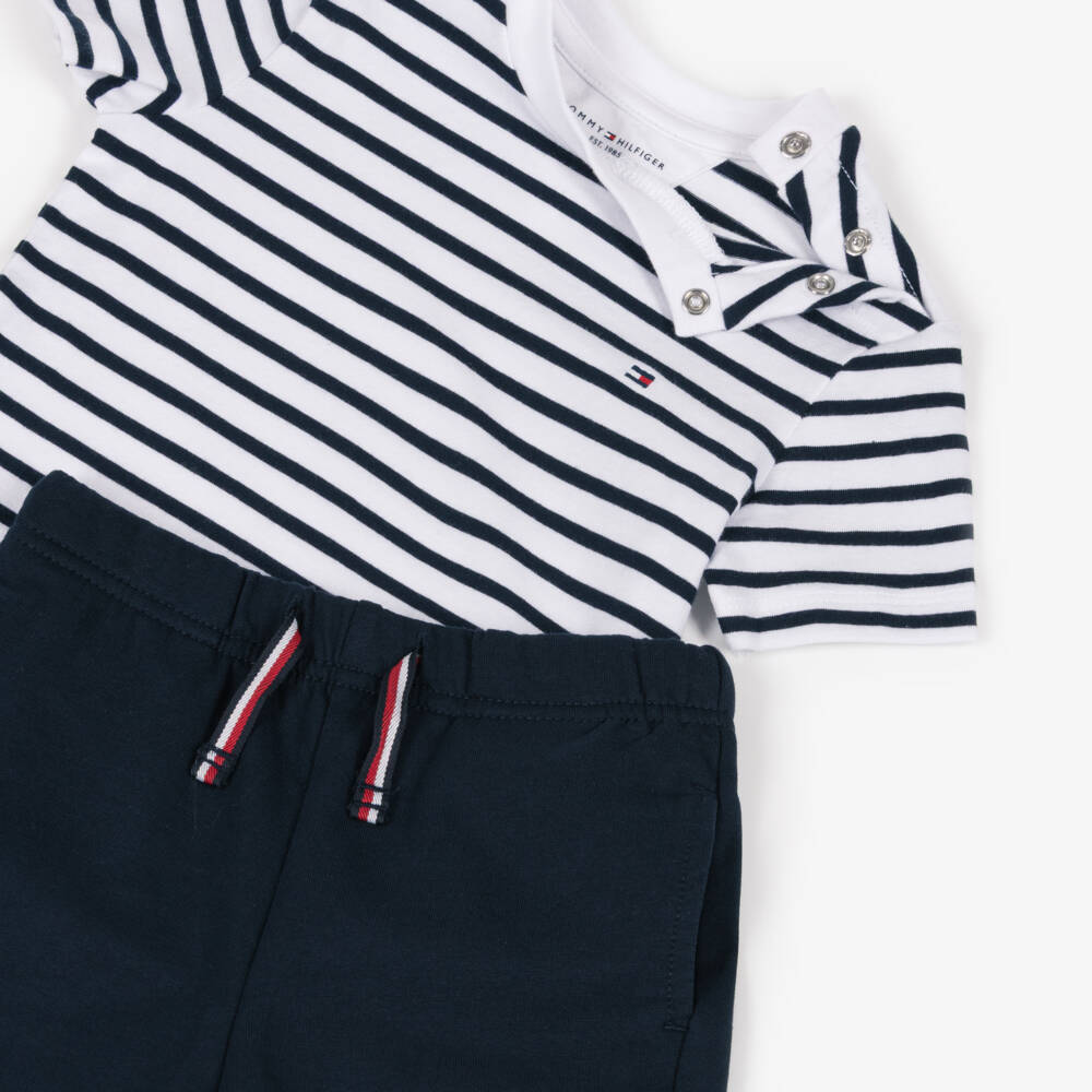 Tommy Hilfiger-Navy Blue Stripe Cotton Jersey Baby Shorts Set | Childrensalon