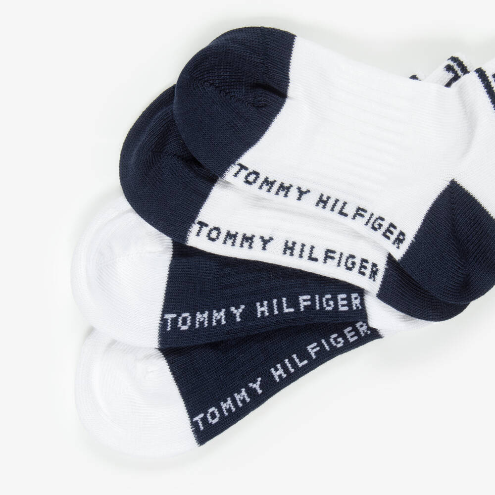 Tommy Hilfiger-Navy Blue & White Cotton Ankle Socks with Logos | Childrensalon