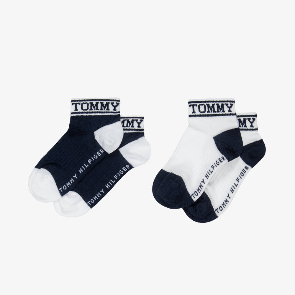 Tommy Hilfiger-Navy Blue & White Cotton Ankle Socks with Logos | Childrensalon