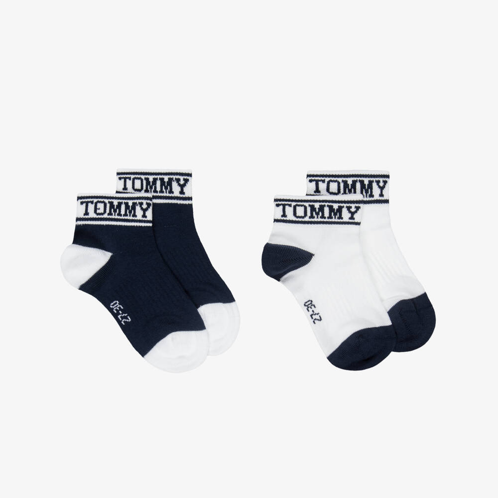 Tommy Hilfiger-Navy Blue & White Cotton Ankle Socks with Logos | Childrensalon