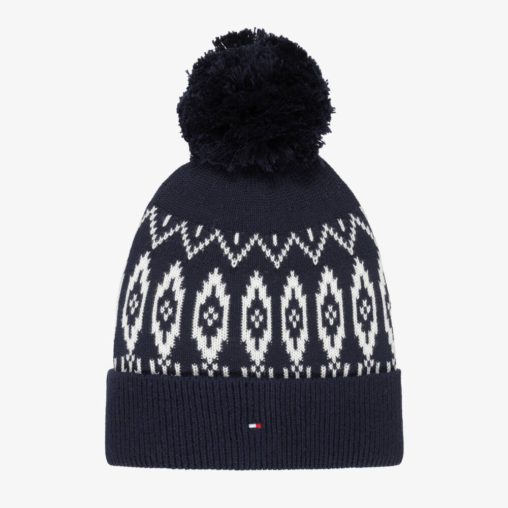 Tommy Hilfiger-Navy Blue & White Cotton Knit Fair Isle Pom-Pom Hat | Childrensalon