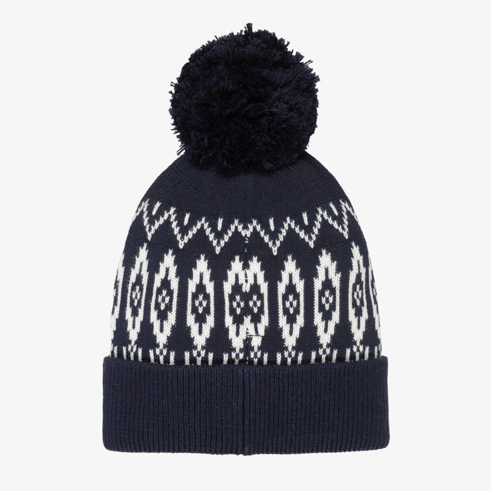 Tommy Hilfiger-Navy Blue & White Cotton Knit Fair Isle Pom-Pom Hat | Childrensalon