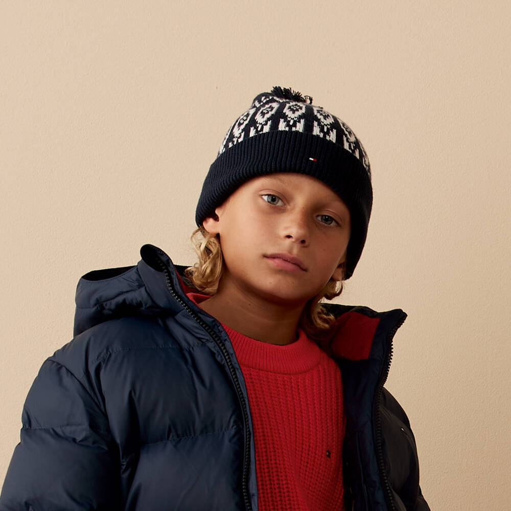 Tommy Hilfiger-Navy Blue & White Cotton Knit Fair Isle Pom-Pom Hat | Childrensalon