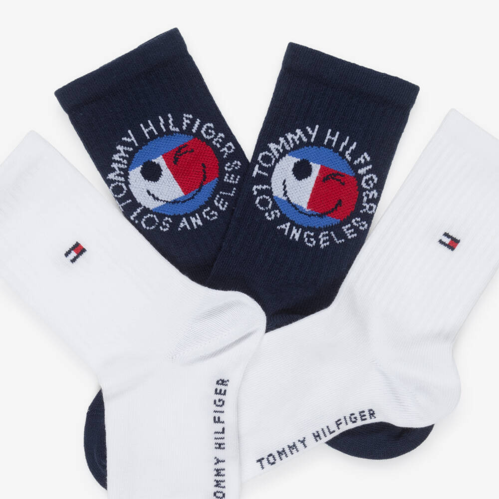 Tommy Hilfiger-Navy Blue & White Smiley Flag Logo Socks | Childrensalon